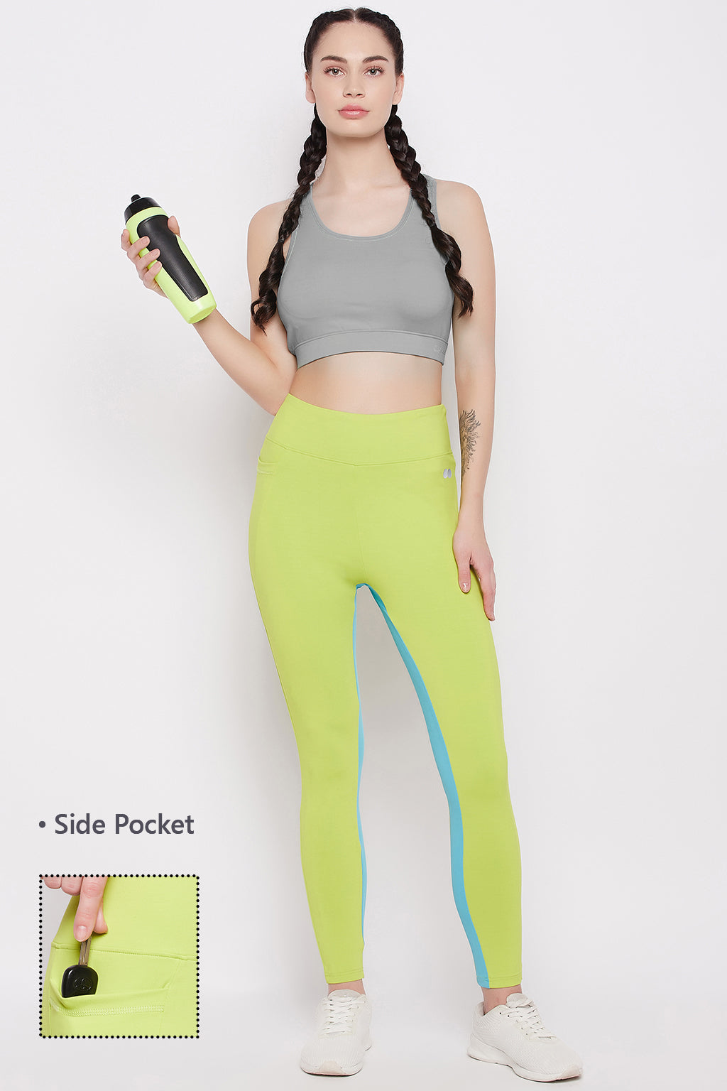 Lime-Green-Poly-Spandex-High-Rise-Tights-With-Side-Pocket