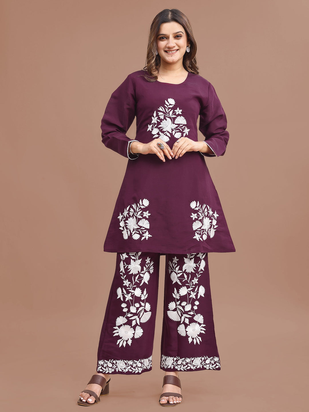 Burgundy-Silk-Blend-Embroidered-Co-Ord-Set