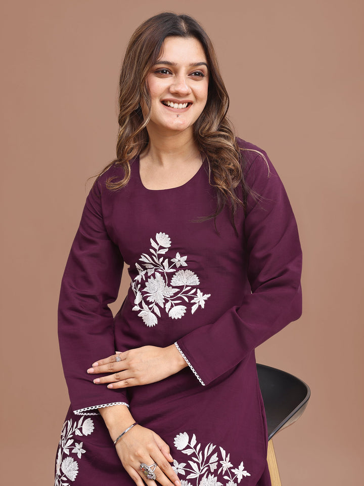 Burgundy-Silk-Blend-Embroidered-Co-Ord-Set