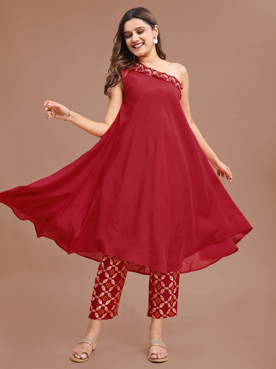 Red-Chanderi-Off-Shoulder-Top-With-Brocade-2-Piece-Kurta-Set