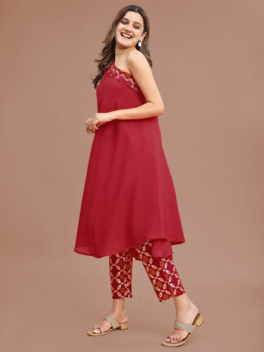 Red-Chanderi-Off-Shoulder-Top-With-Brocade-2-Piece-Kurta-Set