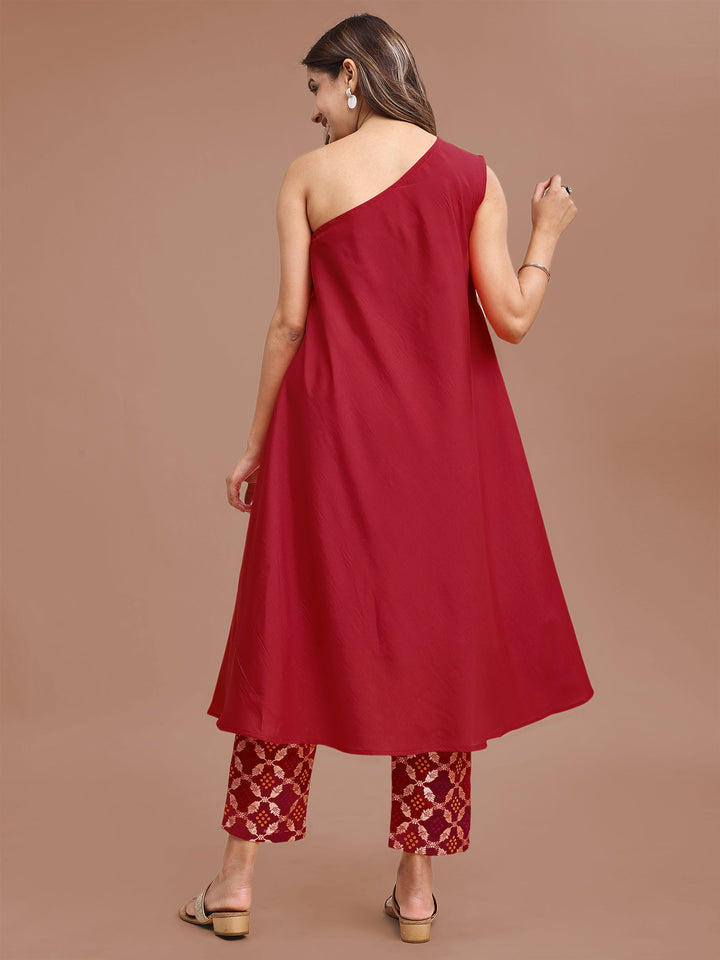 Red-Chanderi-Off-Shoulder-Top-With-Brocade-2-Piece-Kurta-Set