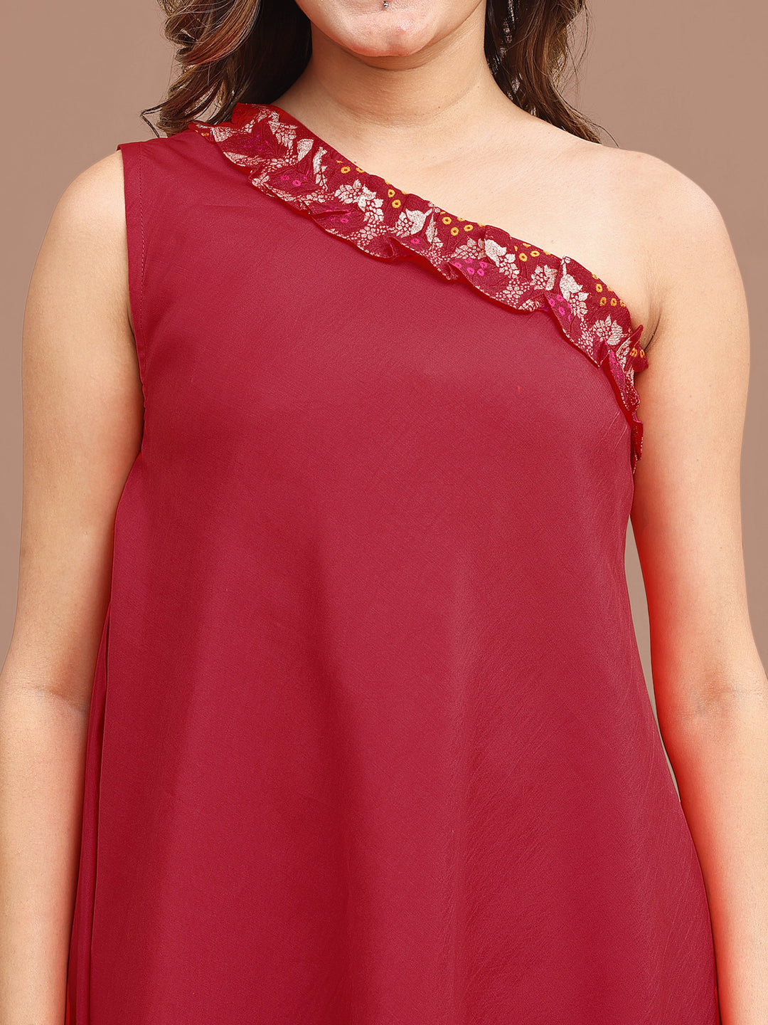 Red-Chanderi-Off-Shoulder-Top-With-Brocade-2-Piece-Kurta-Set