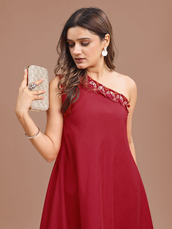 Red-Chanderi-Off-Shoulder-Top-With-Brocade-2-Piece-Kurta-Set