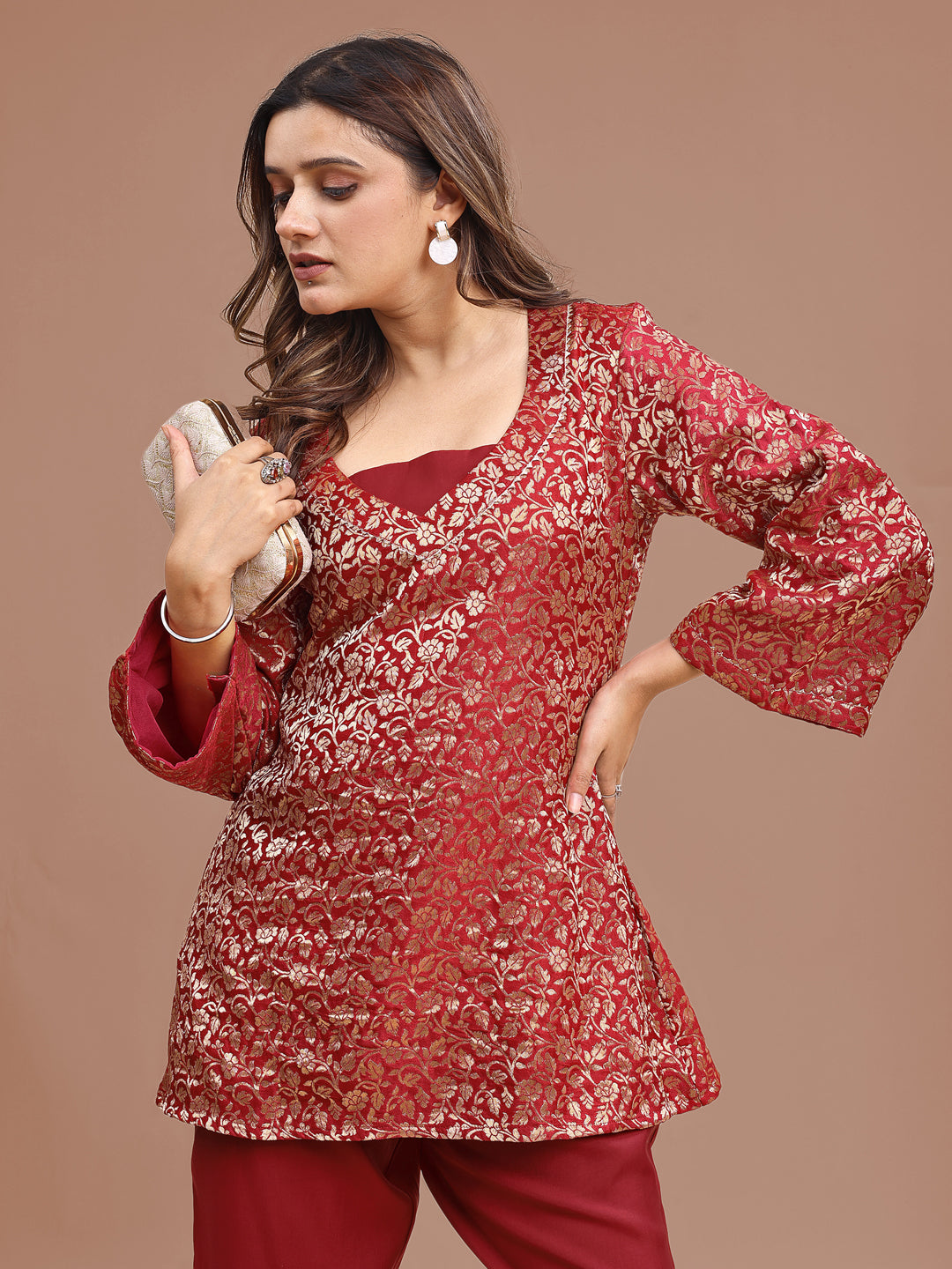 Red-Silk-Blend-Brocade-Co-ord-Set