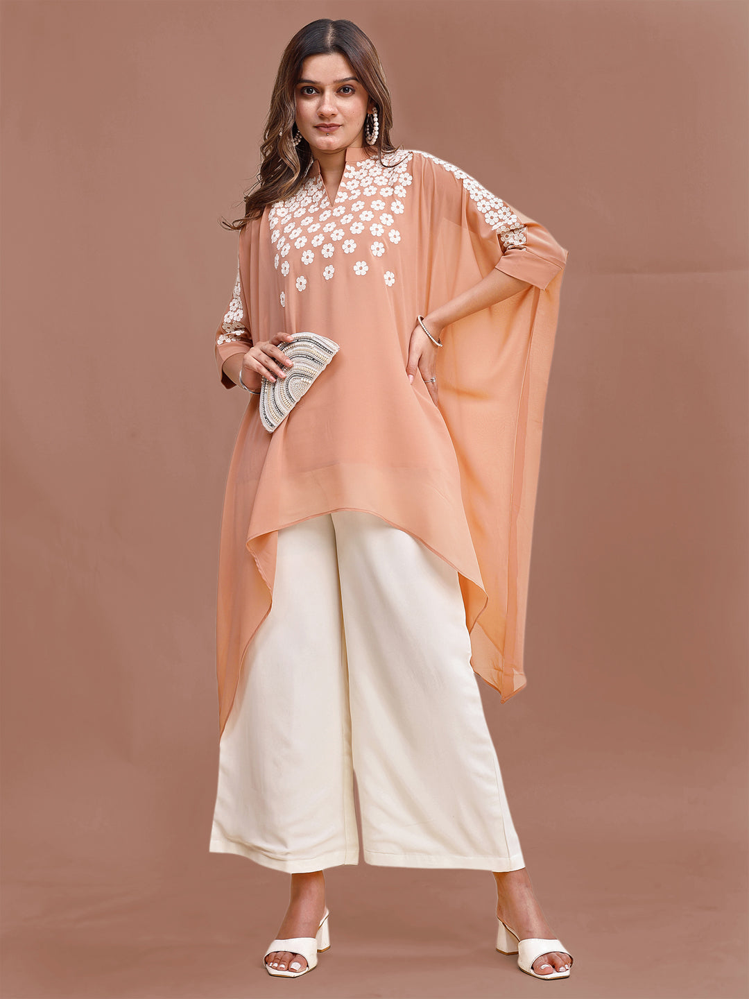 Peach-Georgette-Kaftan-Embroidered-Co-ord-Set