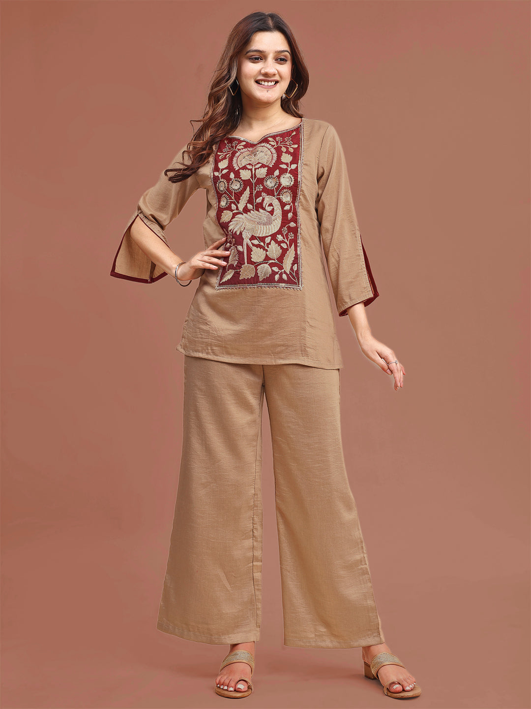 Beige-Silk-Blend-Zari-Work-Yoke-Embroidered-Co-Ord-Set