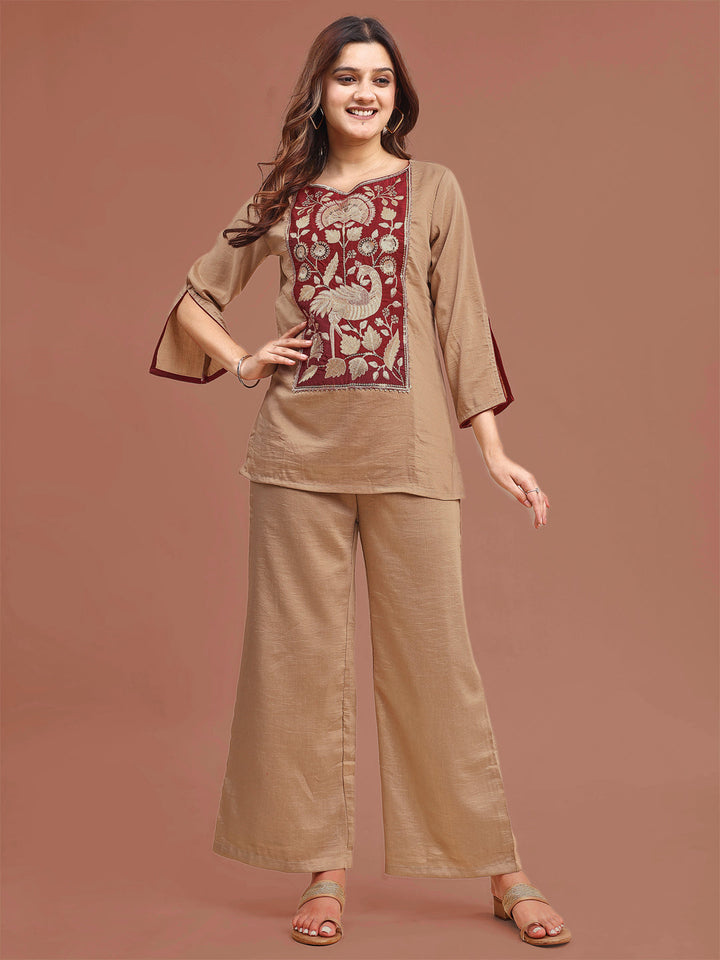Beige-Silk-Blend-Zari-Work-Yoke-Embroidered-Co-Ord-Set