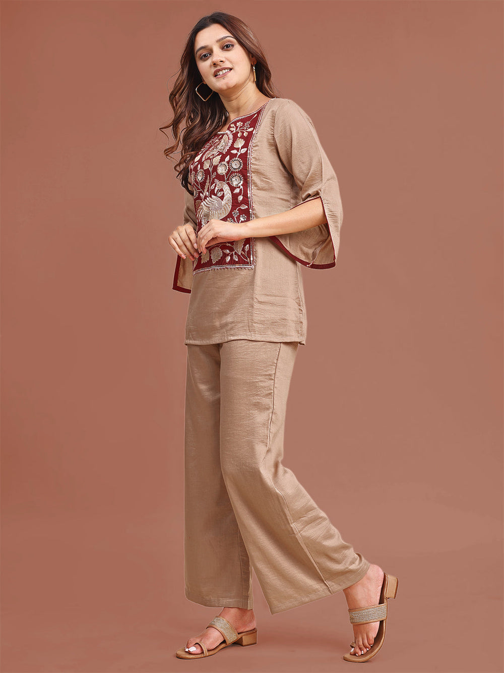 Beige-Silk-Blend-Zari-Work-Yoke-Embroidered-Co-Ord-Set