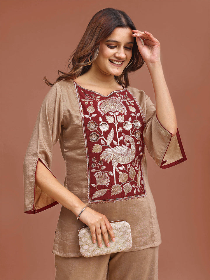 Beige-Silk-Blend-Zari-Work-Yoke-Embroidered-Co-Ord-Set