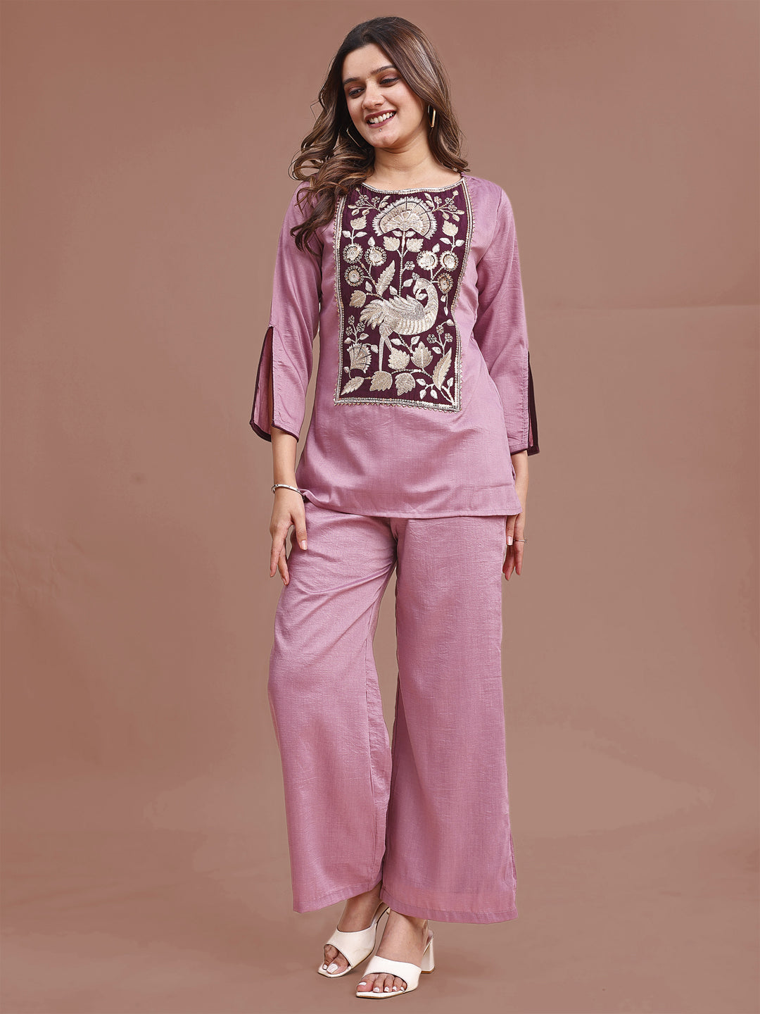 Mauve-Silk-Blend-Zari-Work-Yoke-Embroidered-Co-Ord-Set