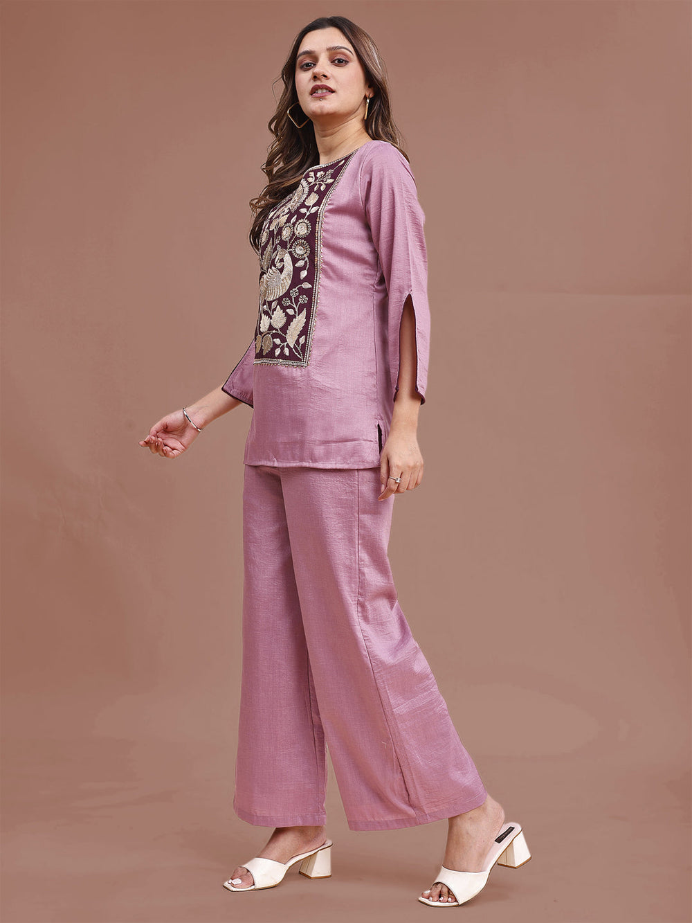 Mauve-Silk-Blend-Zari-Work-Yoke-Embroidered-Co-Ord-Set