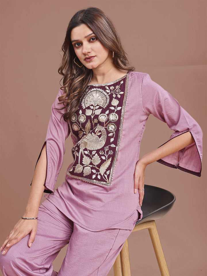 Mauve-Silk-Blend-Zari-Work-Yoke-Embroidered-Co-Ord-Set