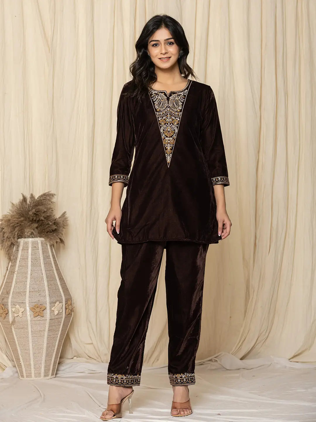 Coffee-Brown-Velvet-Embroidered-Co-Ord-Set