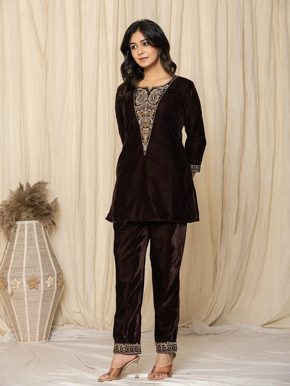 Coffee-Brown-Velvet-Embroidered-Co-Ord-Set