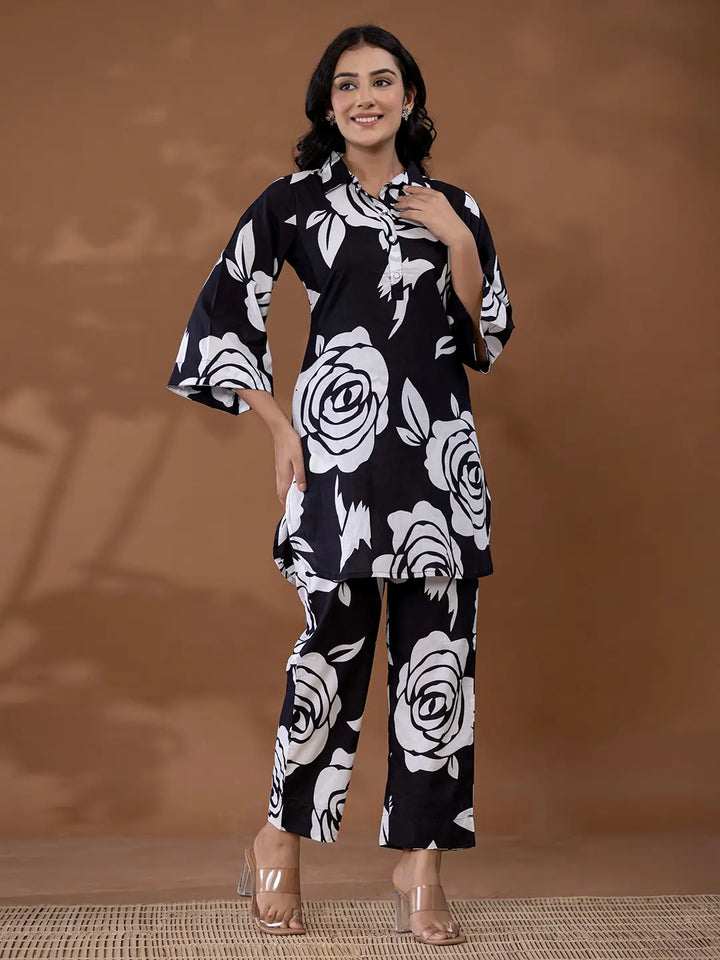 Black-Cotton-Printed-Collar-Neck-Co-Ord-Set