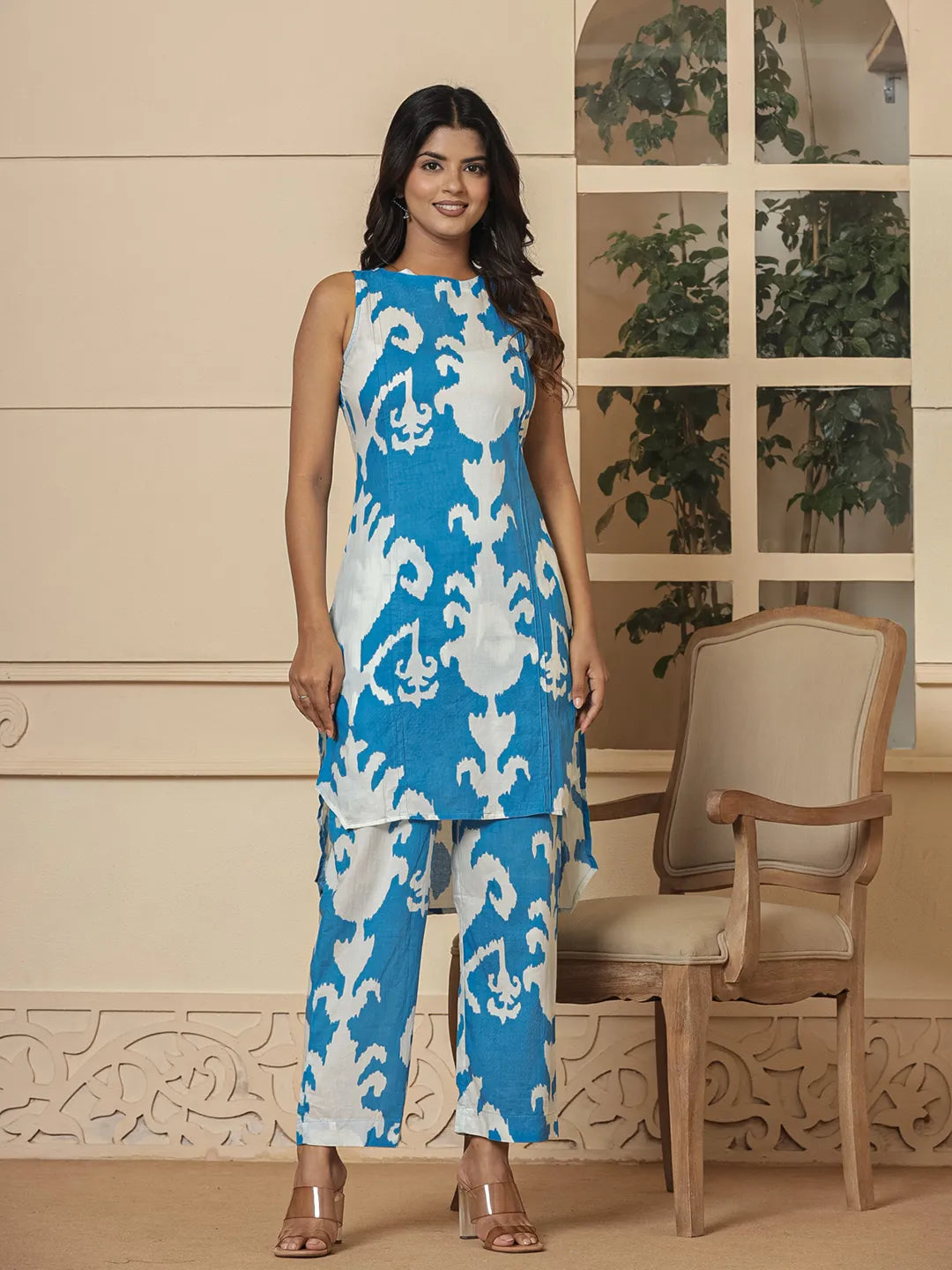 Blue-Cotton-Printed-Pin-Tuck-Co-Ord-Set