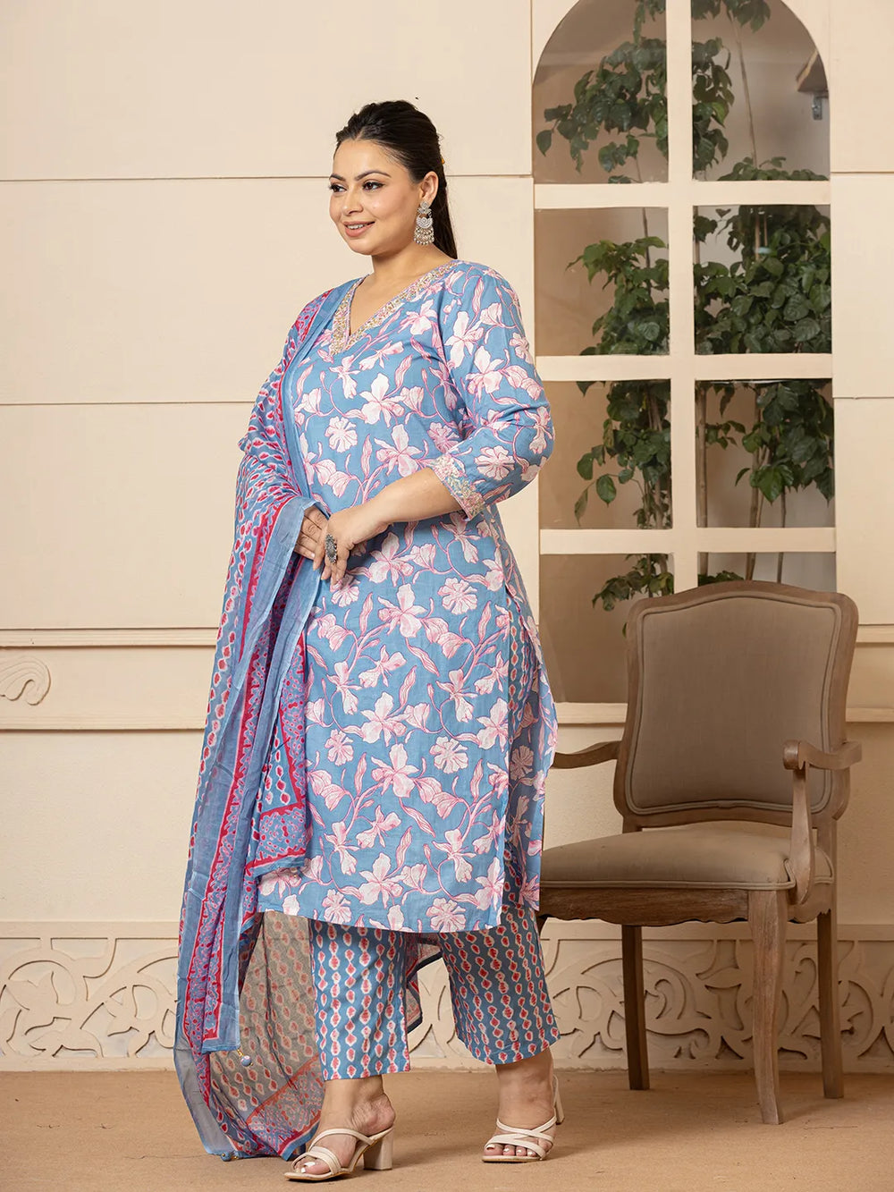 Blue-Cotton-Plus-Size-Floral-Printed-3-Piece-Kurta-Set