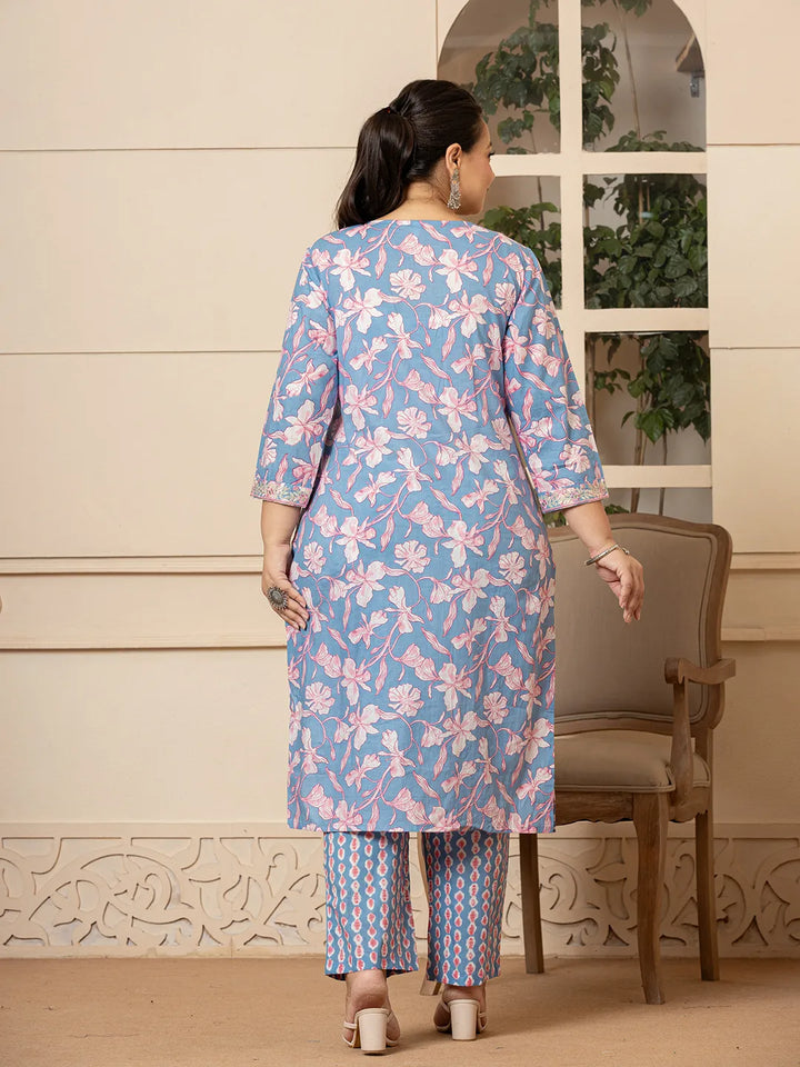 Blue-Cotton-Plus-Size-Floral-Printed-3-Piece-Kurta-Set