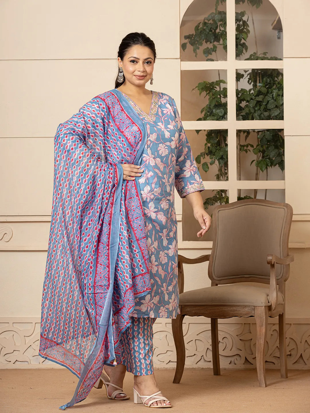 Blue-Cotton-Plus-Size-Floral-Printed-3-Piece-Kurta-Set