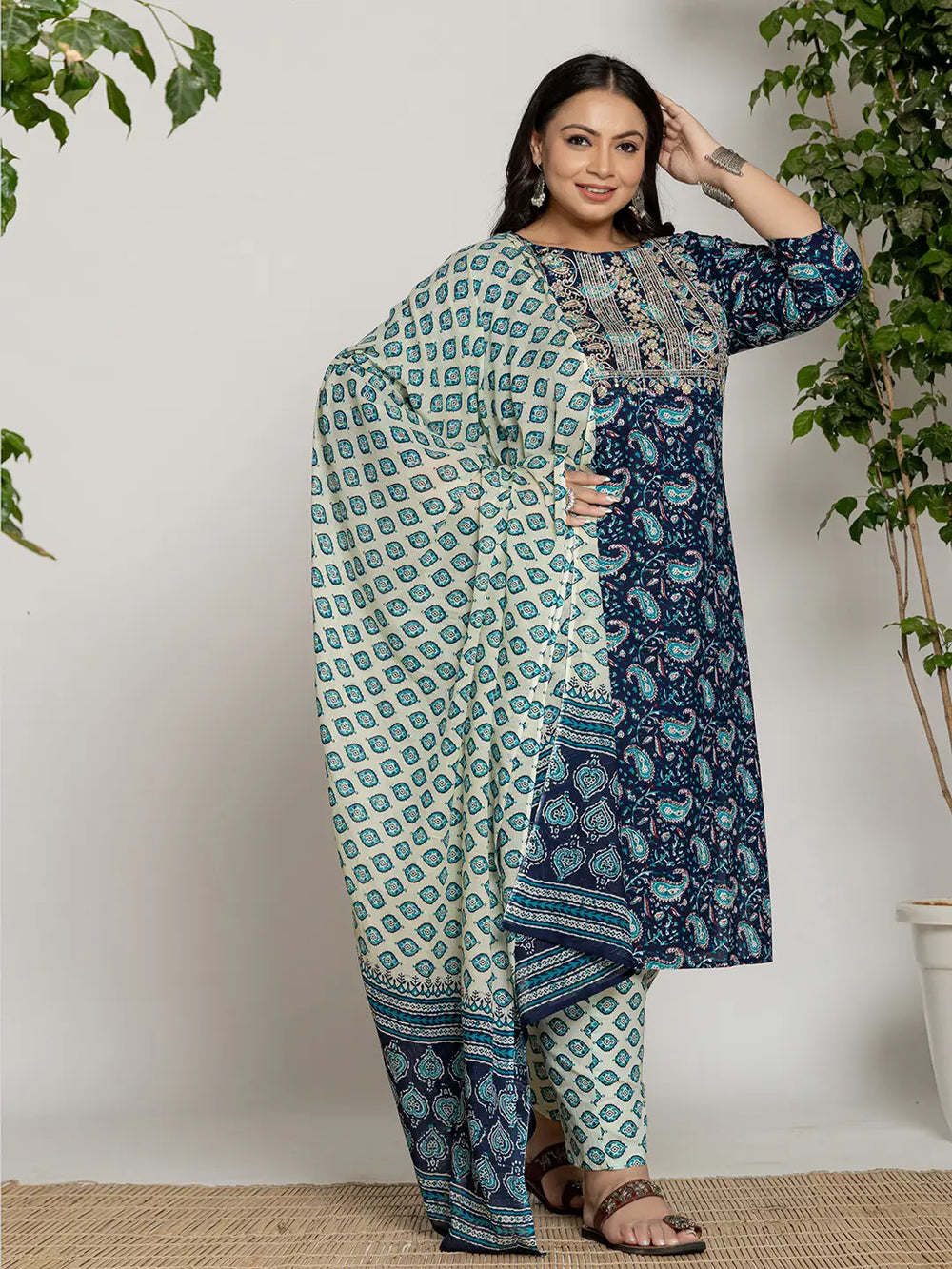 Blue-Cotton-Printed-Plus-Size-3-Piece-Kurta-Set