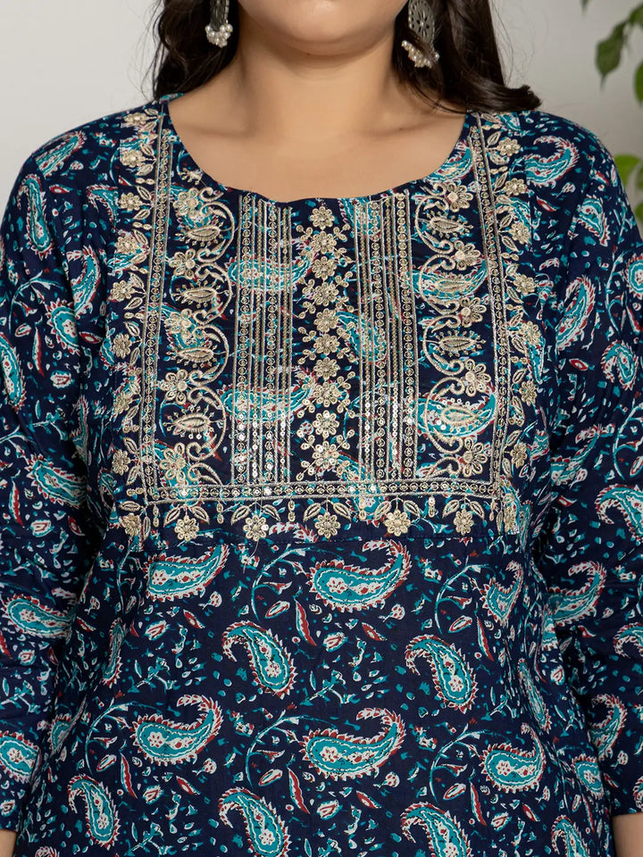 Blue-Cotton-Printed-Plus-Size-3-Piece-Kurta-Set