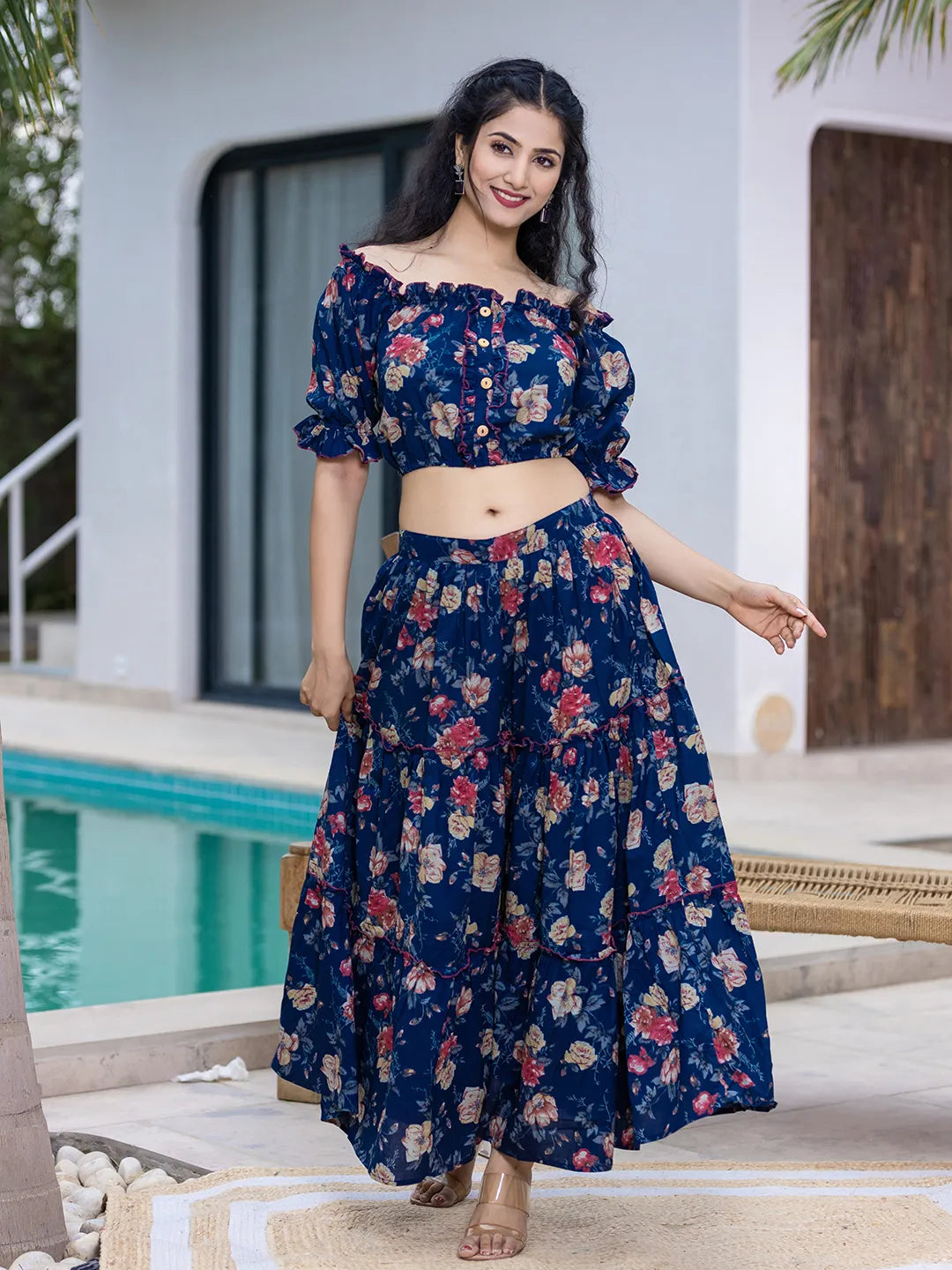 Blue-Cotton-Printed-Off-Shoulder-Skirt-Co-Ord-Set