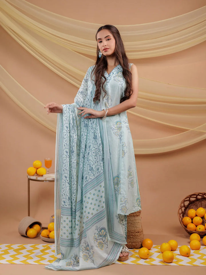 Blue-Cotton-Floral-Printed-Sleeveless-3-Piece-Kurta-Set