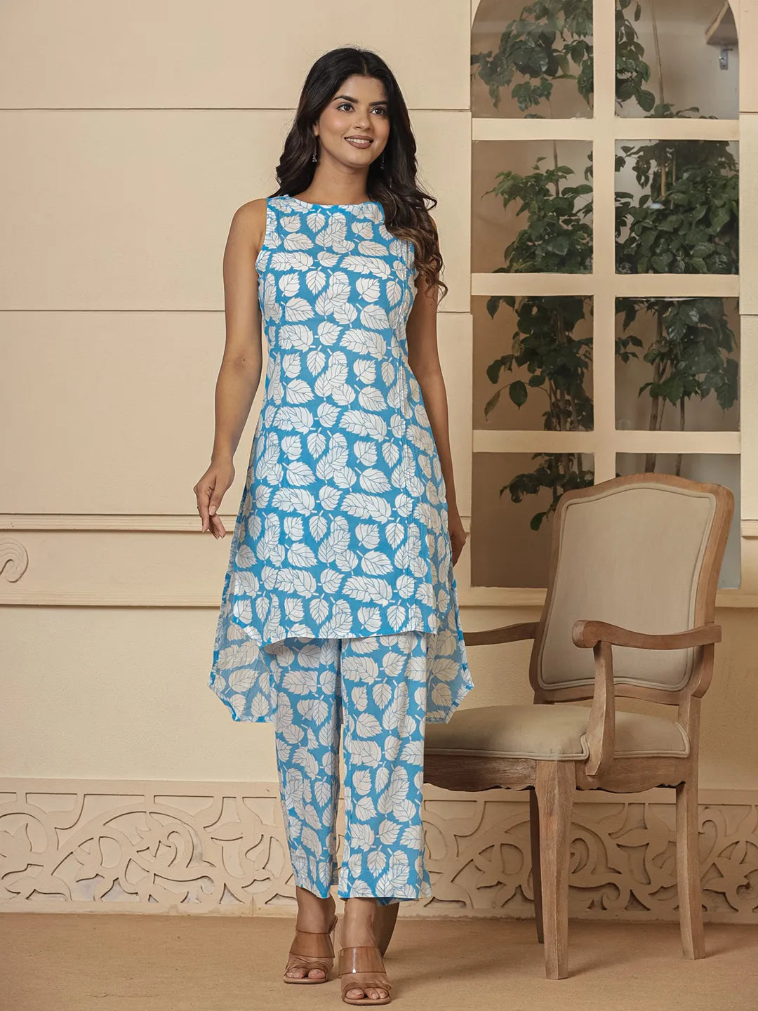 Blue-Cotton-Summer-Leaf-Print-Co-Ord-Set