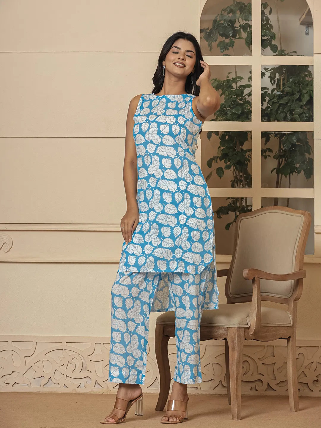 Blue-Cotton-Summer-Leaf-Print-Co-Ord-Set