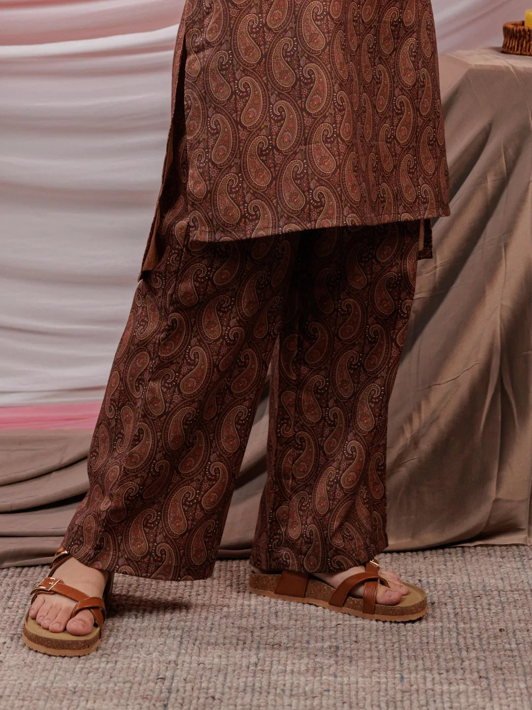 Brown-Cotton-Pintuck-Detailing-On-Flared-Sleeves-Co-Ord-Set