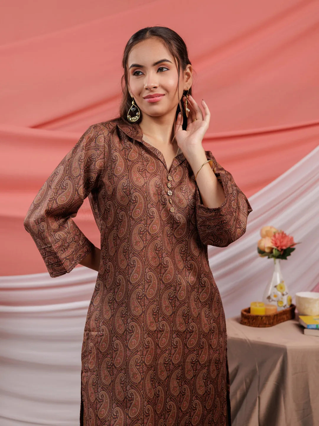 Brown-Cotton-Pintuck-Detailing-On-Flared-Sleeves-Co-Ord-Set