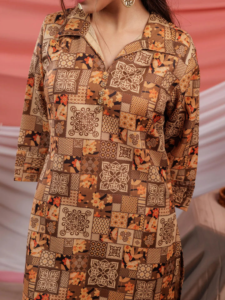 Brown-Cotton-Digital-Printed-Pintuck-Detailing-Co-Ord-Set