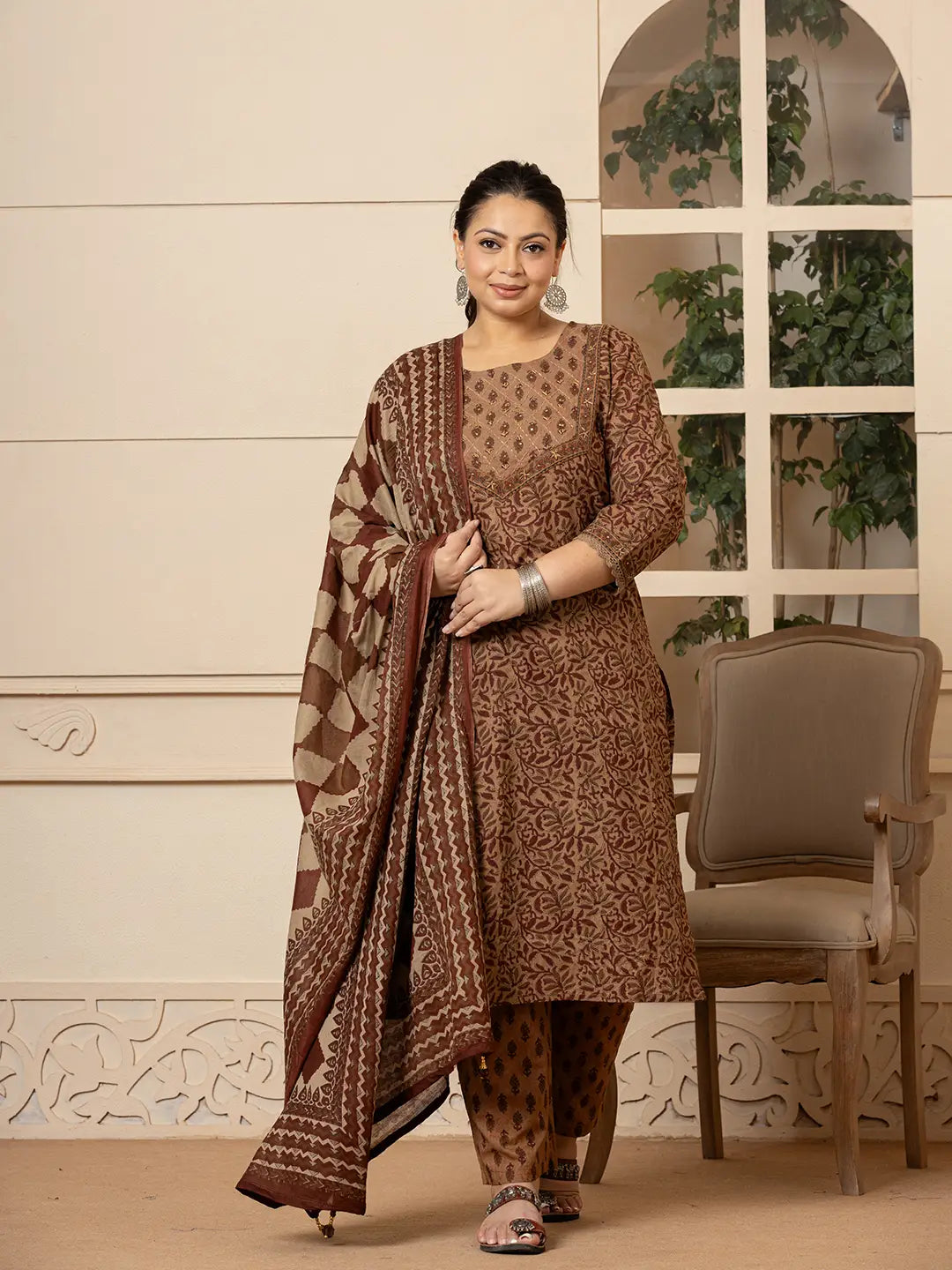 Brown-Cotton-Kantha-Work-Plus-Size-3-Piece-Kurta-Set