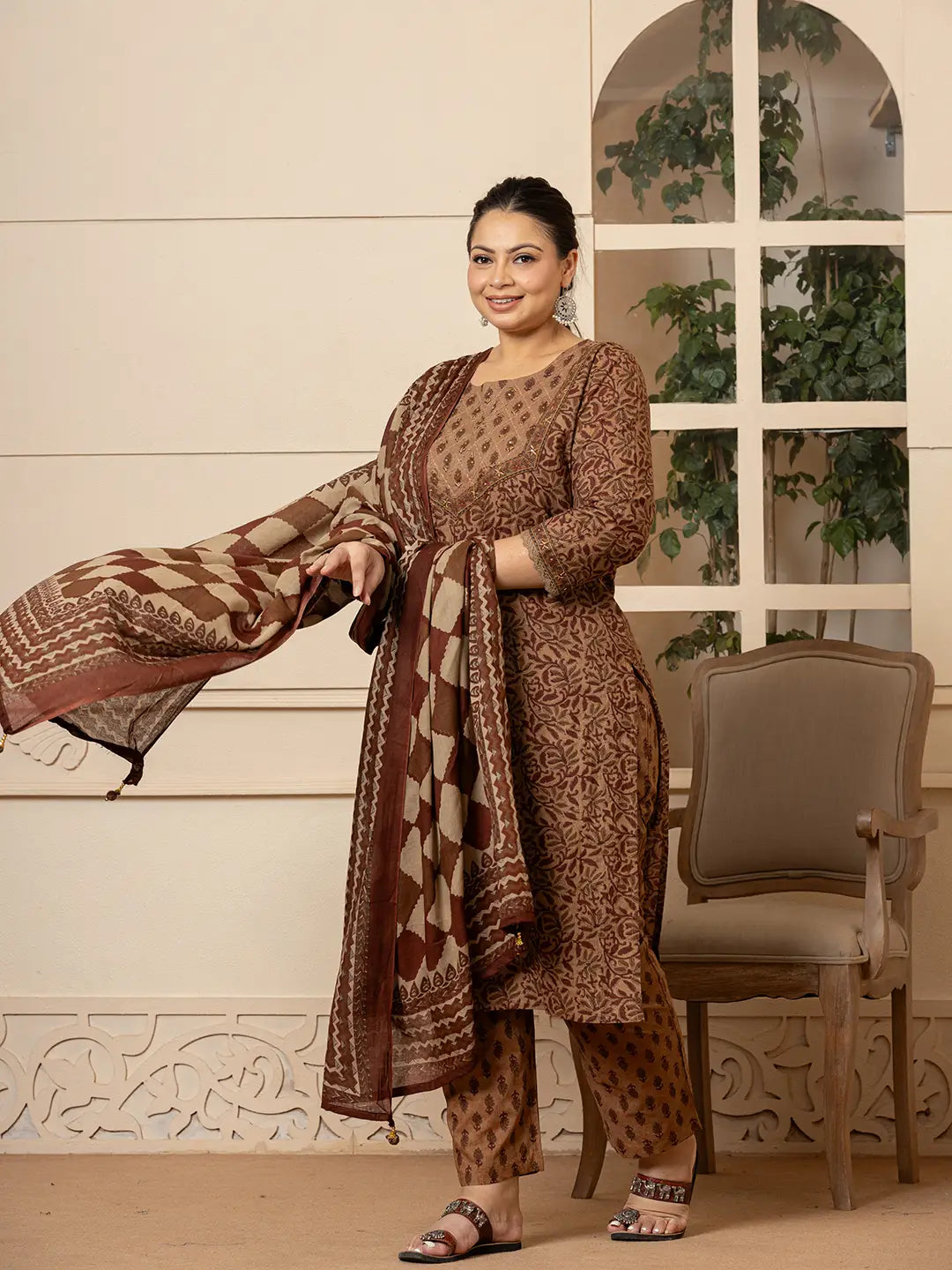 Brown-Cotton-Kantha-Work-Plus-Size-3-Piece-Kurta-Set