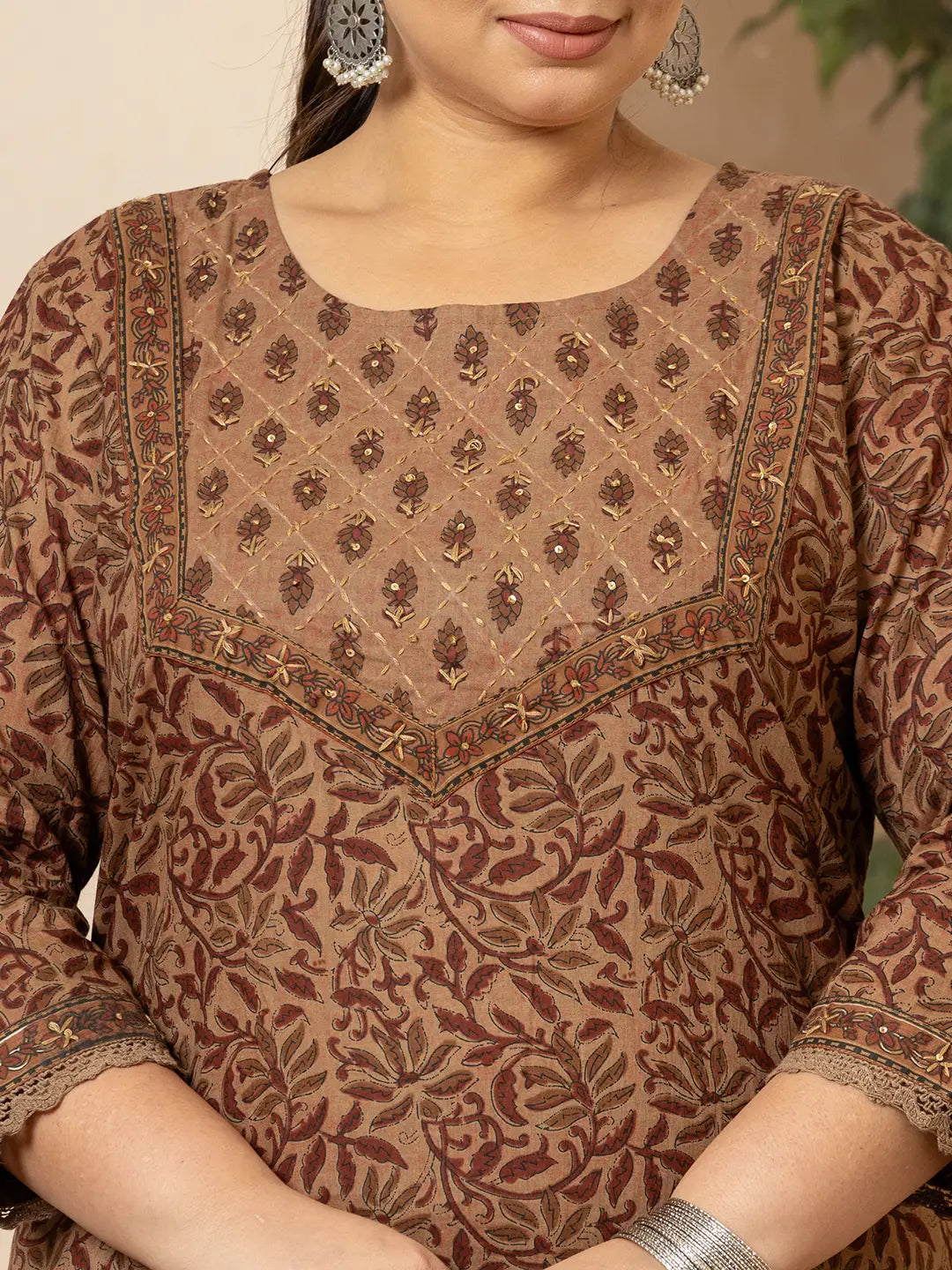 Brown-Cotton-Kantha-Work-Plus-Size-3-Piece-Kurta-Set