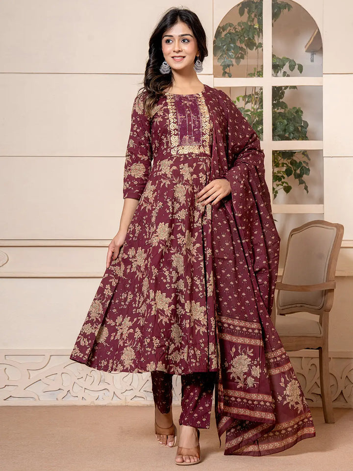 Burgundy-Cotton-Floral-Embroidered-Anarkali-Set