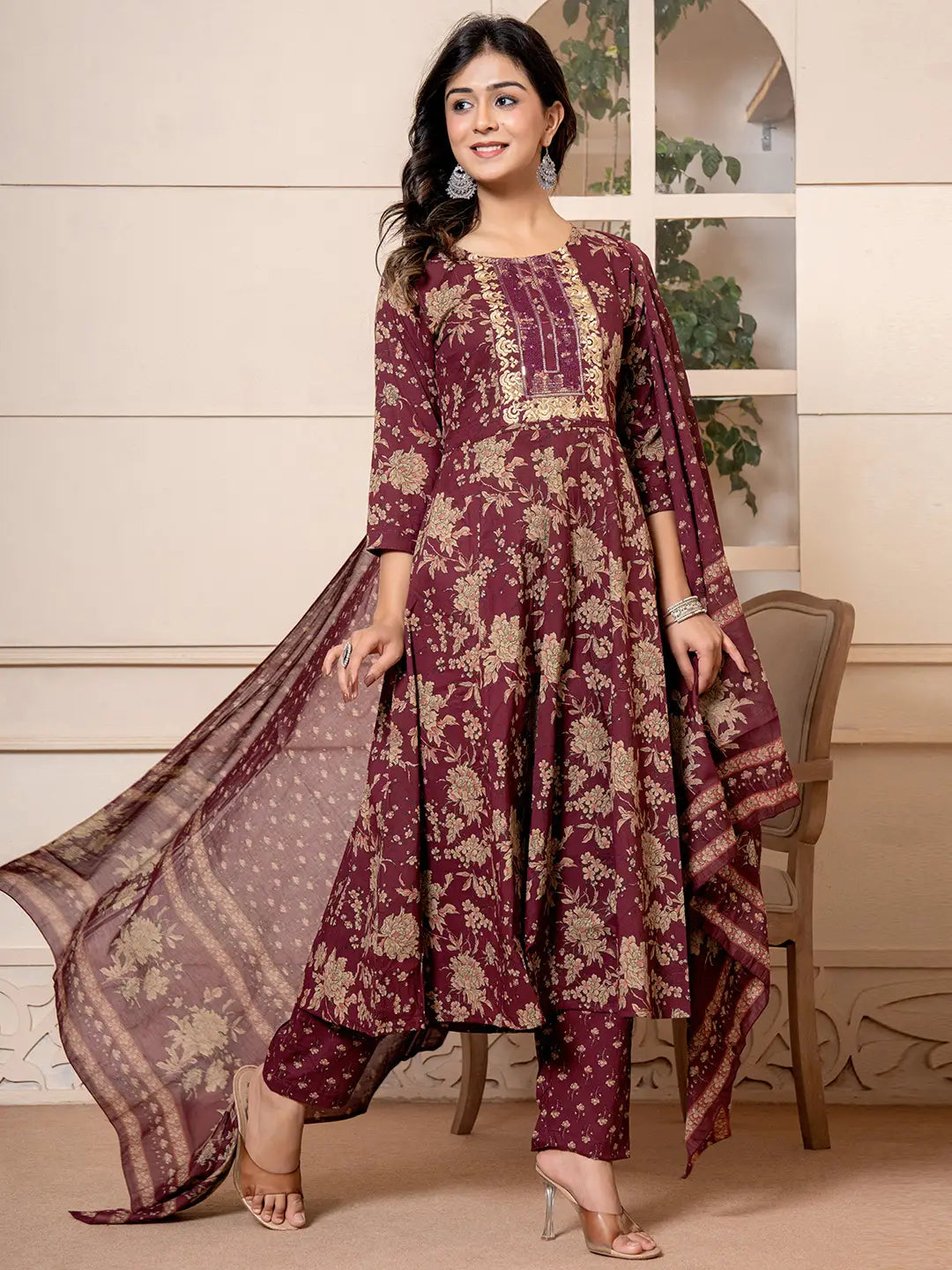 Burgundy-Cotton-Floral-Embroidered-Anarkali-Set