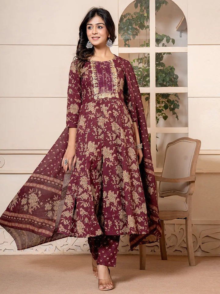 Burgundy-Cotton-Floral-Embroidered-Anarkali-Set