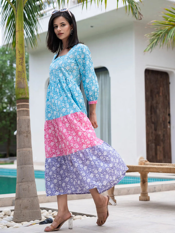 Blue-Cotton-Colour-Blocking-Floral-Printed-Tiered-Dress