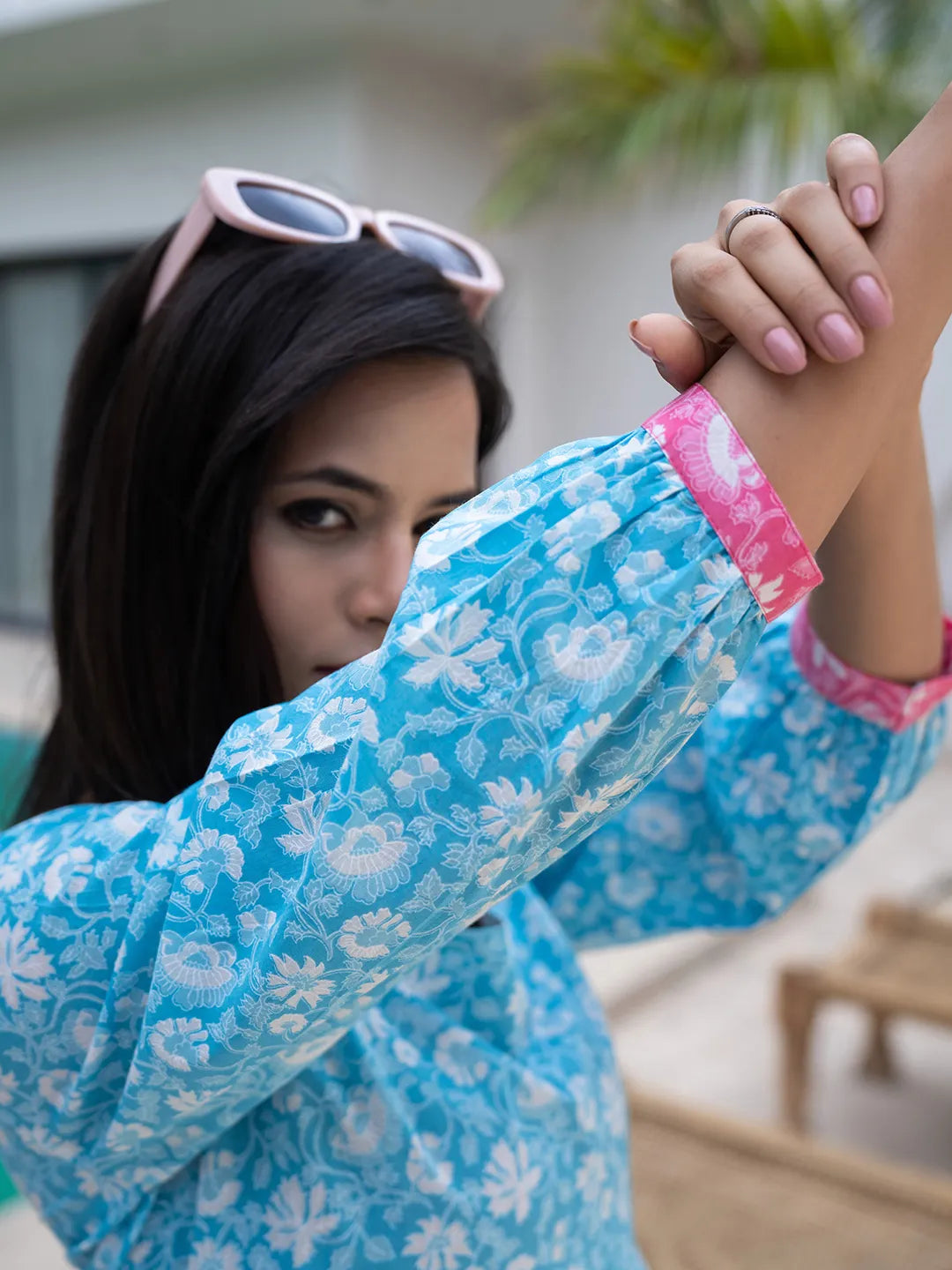 Blue-Cotton-Colour-Blocking-Floral-Printed-Tiered-Dress