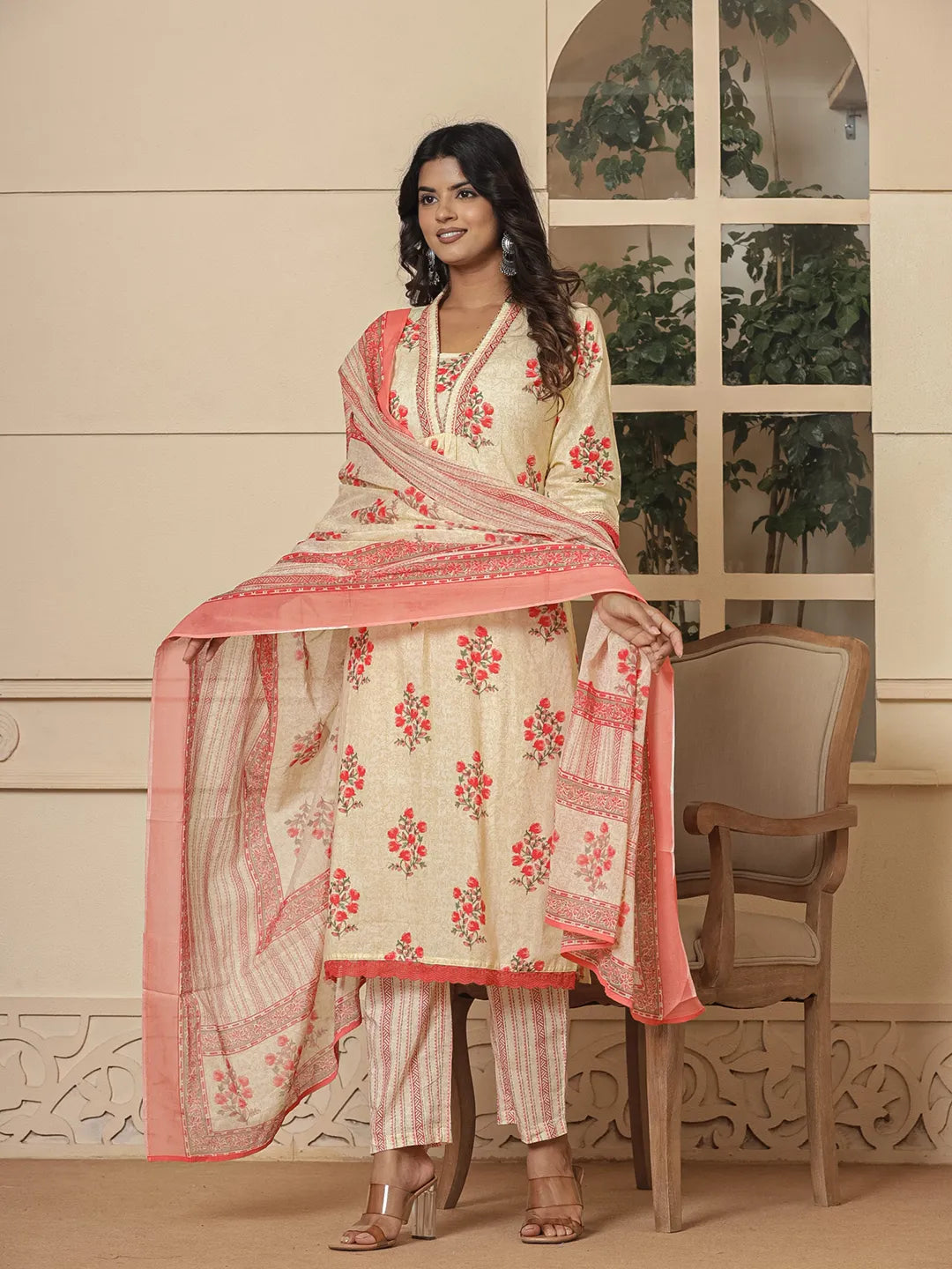 Cream-And-Peach-Cotton-Floral-Print-A-Line-3-Piece-Kurta-Set