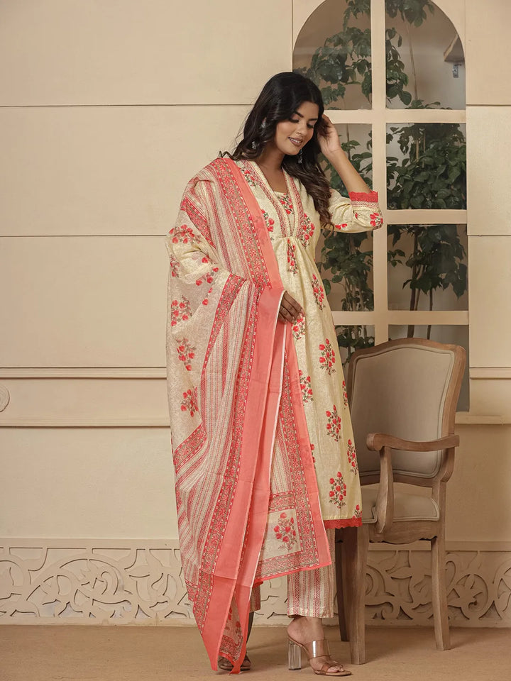 Cream-And-Peach-Cotton-Floral-Print-A-Line-3-Piece-Kurta-Set