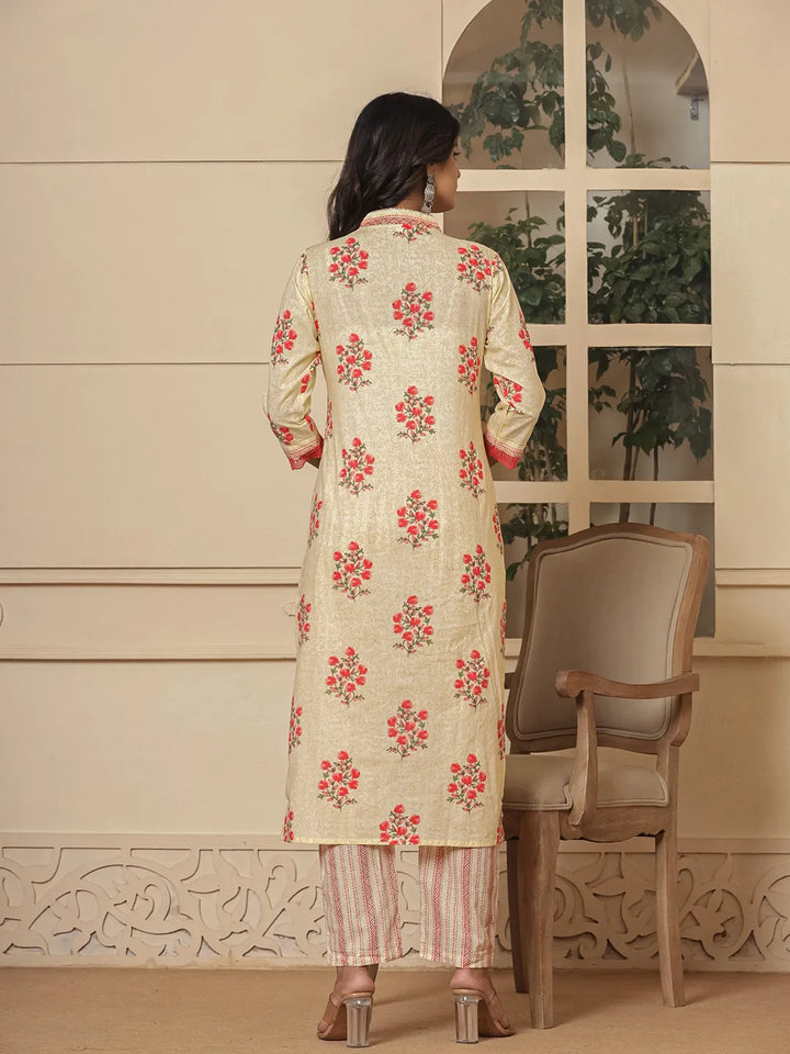 Cream-And-Peach-Cotton-Floral-Print-A-Line-3-Piece-Kurta-Set