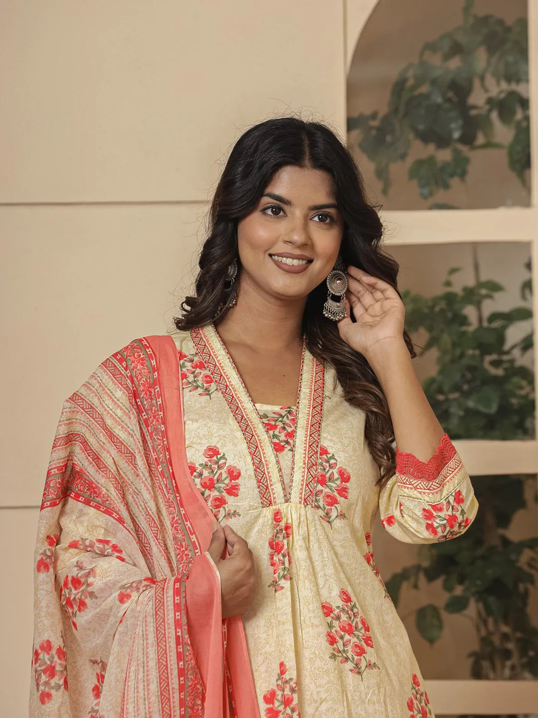 Cream-And-Peach-Cotton-Floral-Print-A-Line-3-Piece-Kurta-Set