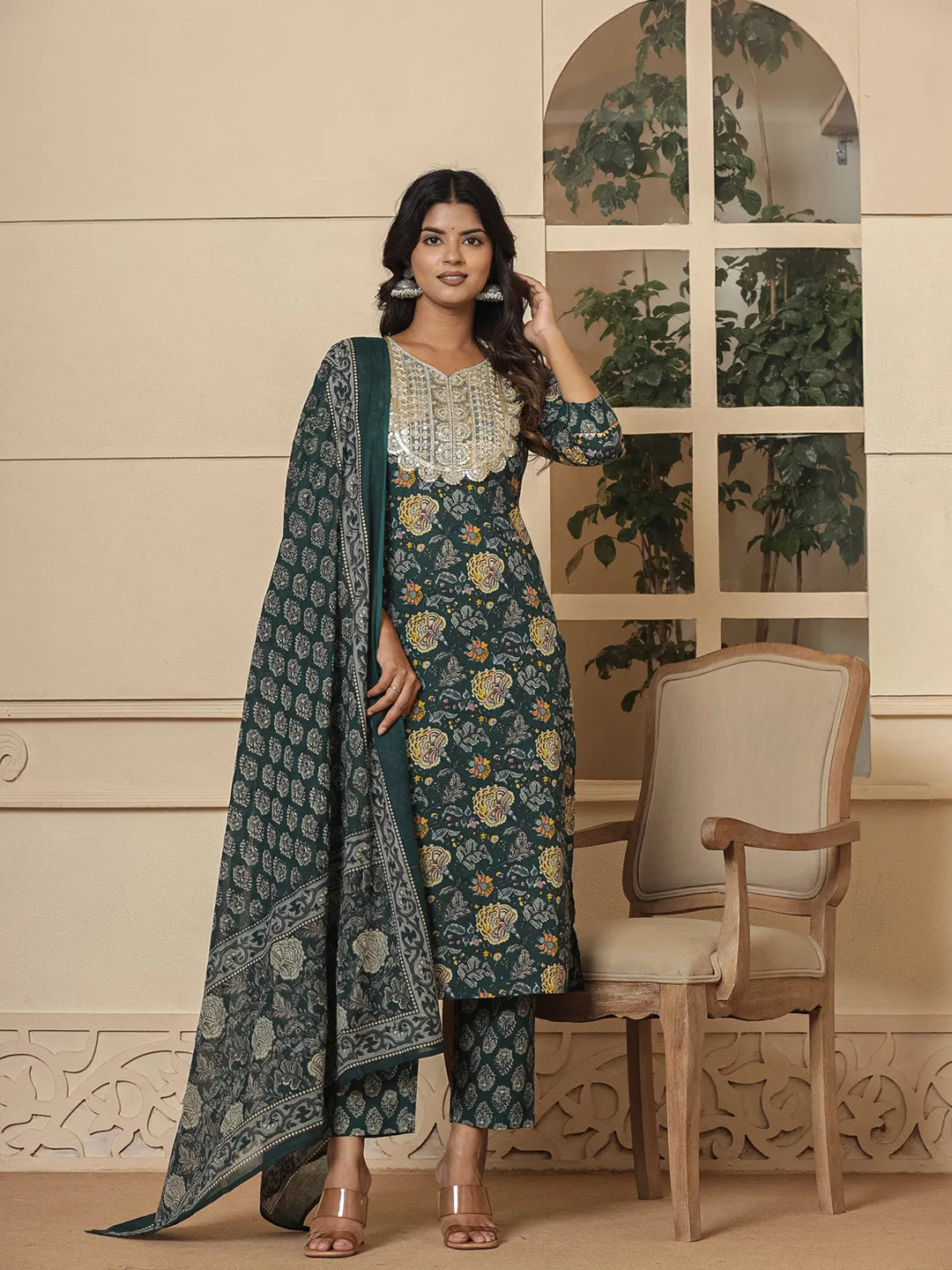 Green-Cotton-Embroidered-Festive-Wear-3-Piece-Kurta-Set