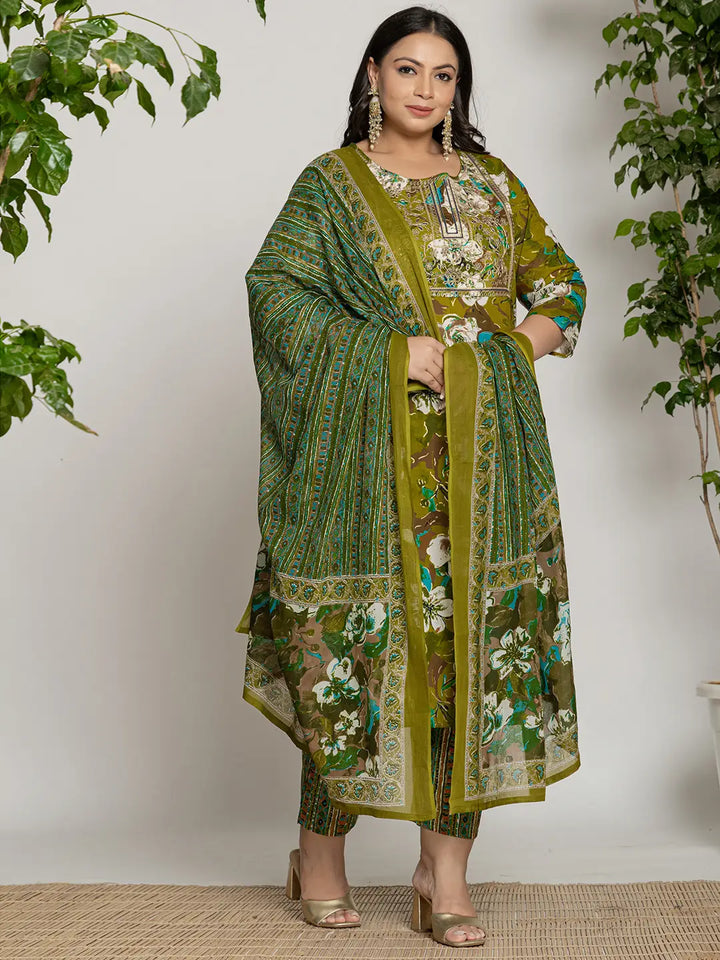 Green-Cotton-Embroidered-Plus-Size-3-Piece-Kurta-Set