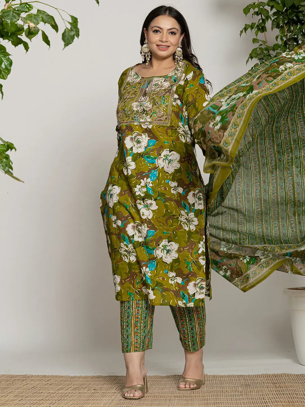 Green-Cotton-Embroidered-Plus-Size-3-Piece-Kurta-Set