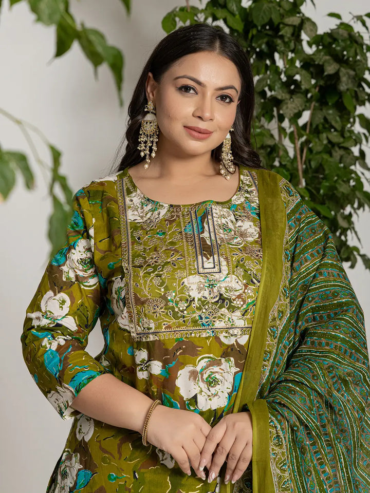 Green-Cotton-Embroidered-Plus-Size-3-Piece-Kurta-Set