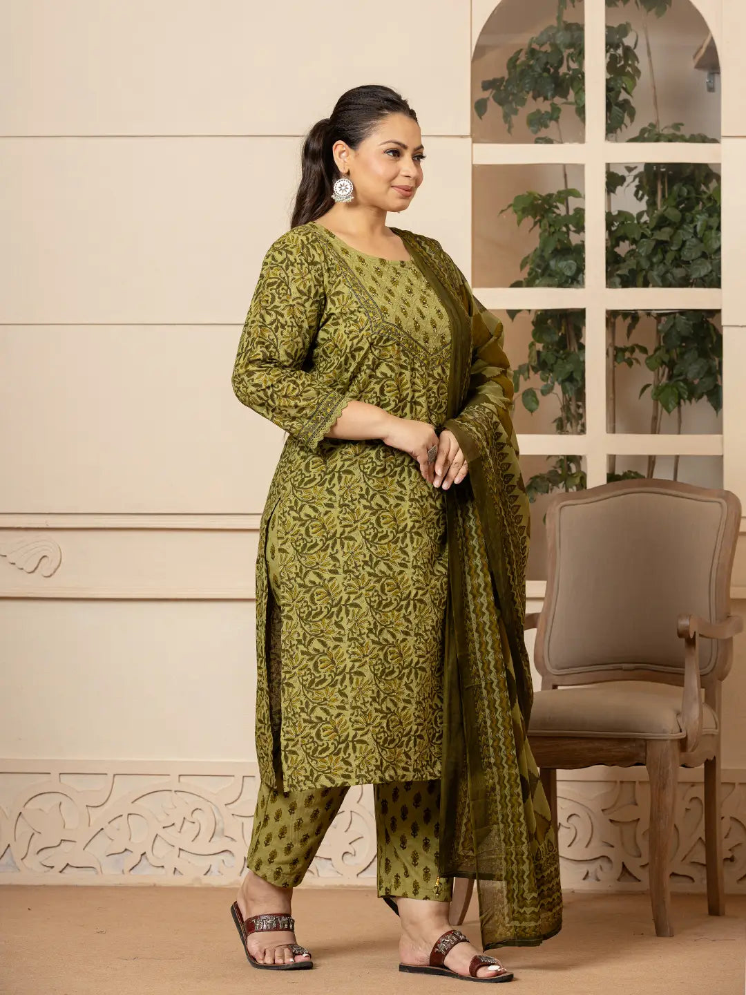 Green-Cotton-Kantha-Work-Plus-Size-3-Piece-Kurta-Set